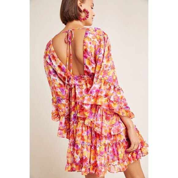 MISA Los Angeles Yasemin Bright Pink Orange Yellow Floral Chiffon Bell Sleeve Mi - Picture 10 of 16